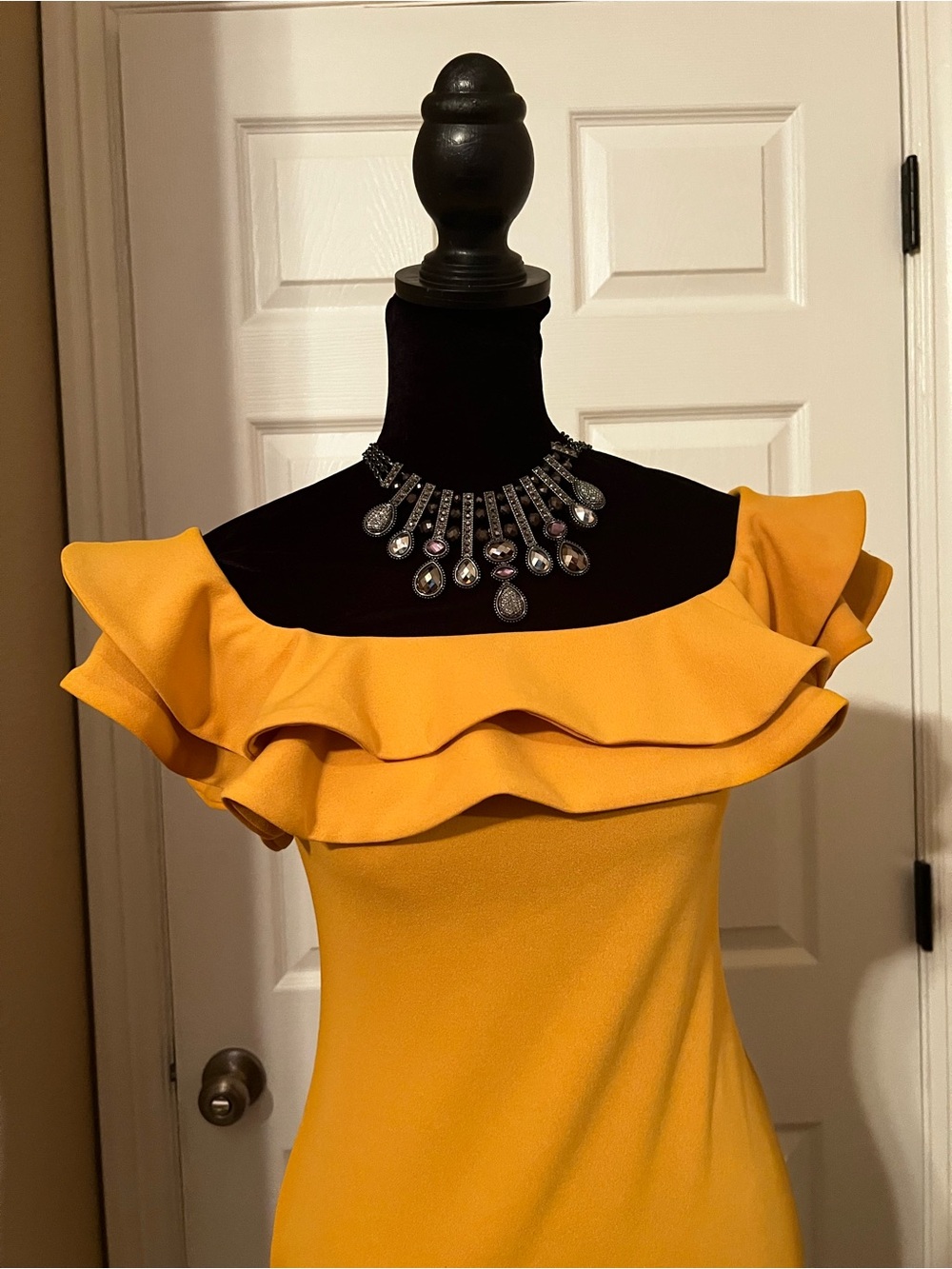 Mind Code Mustard Off-Shoulder Ruffle Bodycon Dress - Picture 2 of 6